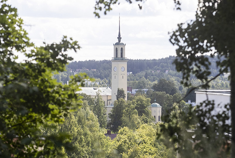 Kirkon torni näkyy kauempaa etualalla olevien puiden ja pensaiden takaa.