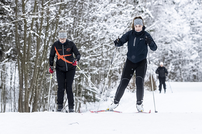 Kaksi naista hiihtävät loivaa ylämäkeä metsäisessä maisemassa.