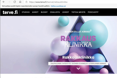 Selaimen näkymässä on värikäs kolmio, jossa lukee Rakkausklinikka.