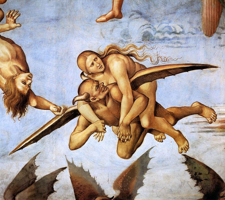 Yksityiskohta maalauksesta. Keskellä alaston nainen lentää siivekkään ja sarvipäisen hahmon selässä.