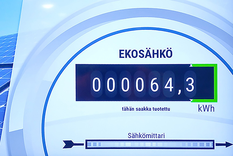 Taulussa lukee ekosähkö: tähän saakka tuotettu 64,3 kWh.