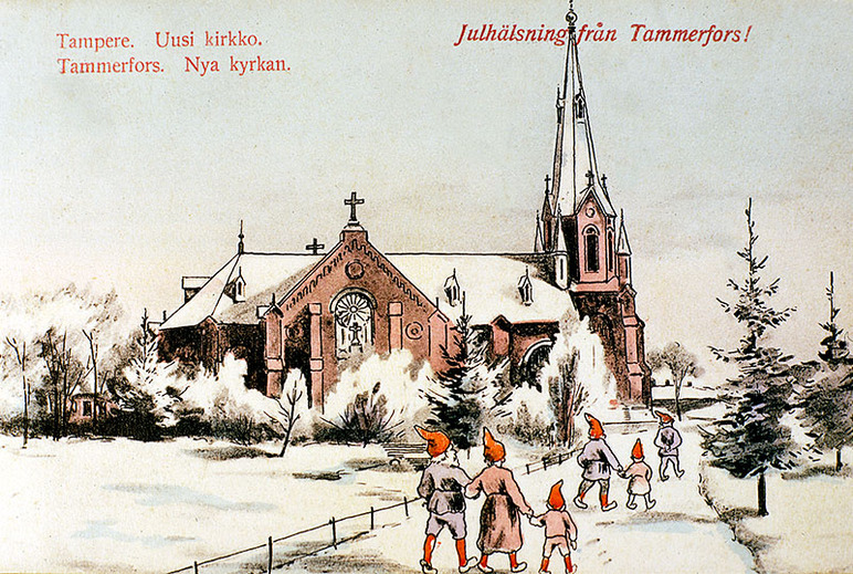 Piirroskuva, jossa punatiilinen kirkko sekä tonttuja kulkee pitkin puistokäytävää. Talvinen maisema.