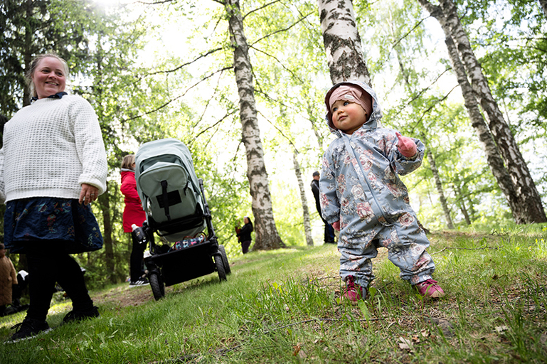 Vauvaikäinen lapsi tallustelee metsässä.