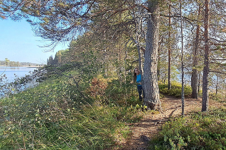 Henkilö on kaukana, osittain puun takana matalalla metsäisellä kangaskaistaleella. Vierestä kulkee polku ja toisella puolella näkyy vettä.